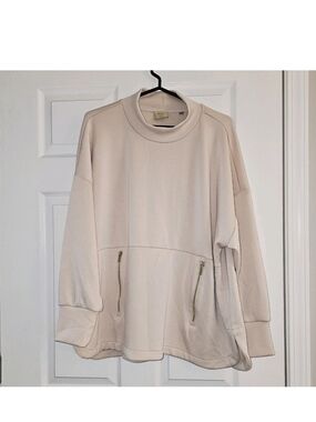 Elie Tahari Cream Mock Neck Sweatshirt 2XL Gold Zip Pockets Oversized Neutral